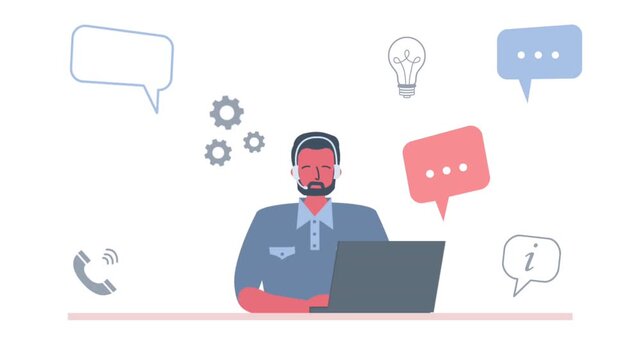 Animated Web Banner of Call Center Worker. Support Service Icons. Young Man in Headphones is Sitting at the Desk. Business People Animation. Video in Blue Red Gray on White