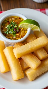 Fried yuca sticks with salsa dip.