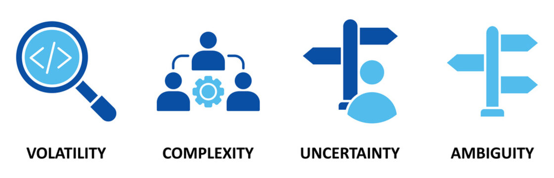 VUCA icon set illustration contain volatility, complexity, uncertainty and ambiguity.