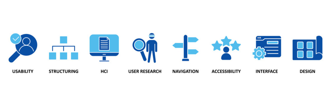 UX design icon set illustration contain usability, structuring, hcl, user research, navigation, accessibility, interface and design 