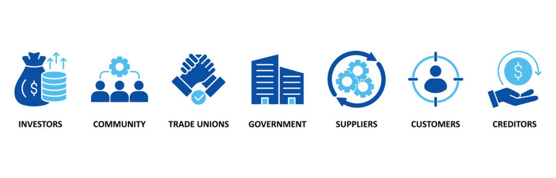 Stakeholder icon set illustration contain investors, community, trade unions, government, suppliers, customers and creditors.