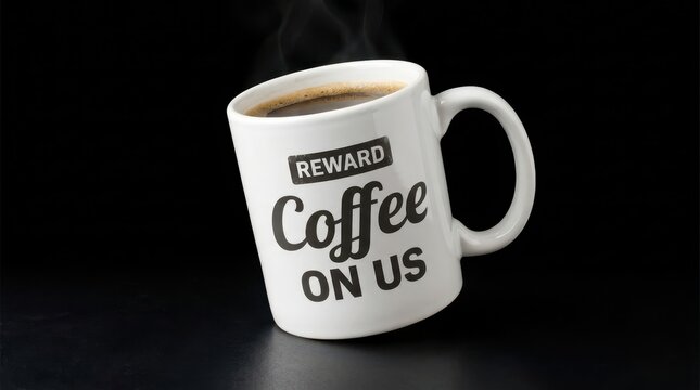 Hot coffee mug with 'Coffee On Us' text, steaming gently against a dark backdrop
