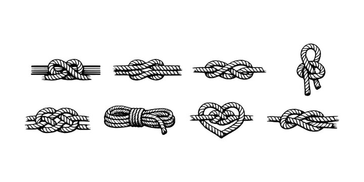 Collection of eight hand-drawn nautical and decorative rope knots on a white background