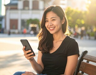 Fototapeta premium Young woman sitting on a bench, smiling while using a smartphone in an outdoor urban setting during sunset.