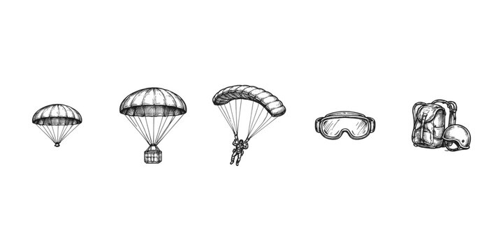 Collection of hand-drawn parachutes, goggles, backpack, and helmet in sketch style