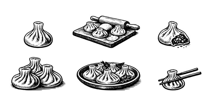 Hand-drawn illustration of khinkali dumplings in various arrangements, showcasing preparation and serving