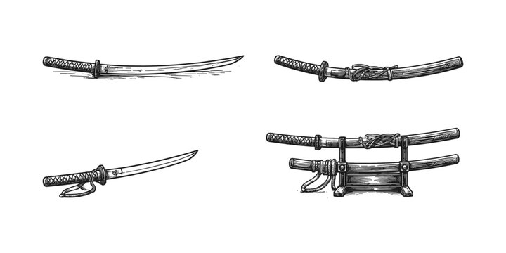 Collection of Japanese katana swords in a vintage hand-drawn illustration style