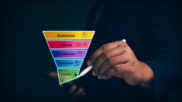 Digital marketing funnel strategy visualization, customer journey stages from awareness interest consideration to conversion and loyalty with hand interacting on glowing interface, business growth