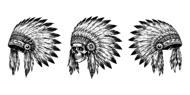 Tribal skull headdress with feathers, a striking black and white illustration