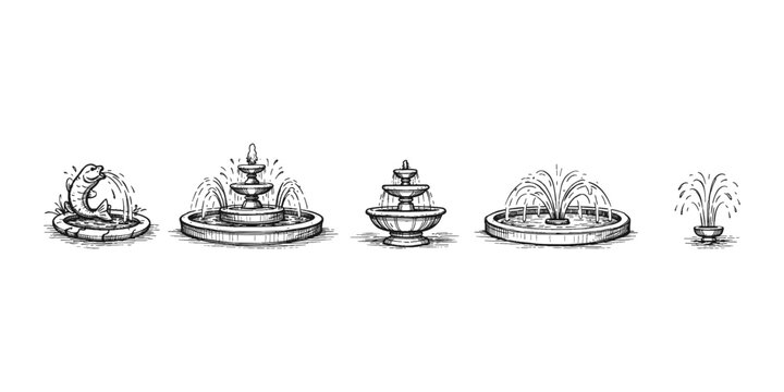 Collection of five different sketched fountains, including a fish-shaped one, on a white background