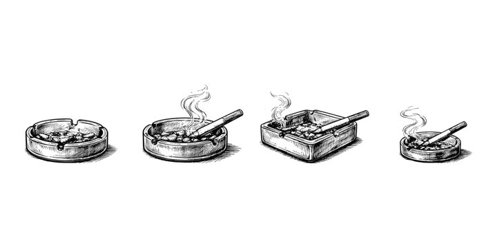 Collection of ashtrays with cigarette butts and smoking cigarettes, hand-drawn illustration