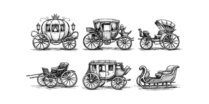Collection of vintage horse-drawn carriages and a sleigh in a detailed ink sketch style