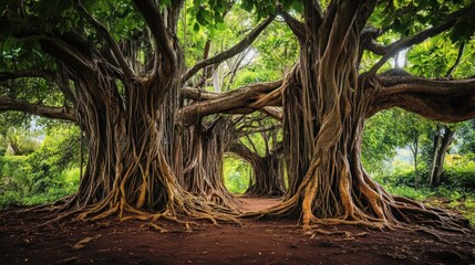 Fototapeta premium Lush forest pathway, ancient trees, intertwined roots, natural archway