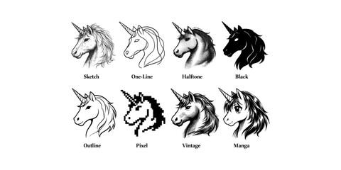 Obraz premium Collection of unicorn head illustrations in various artistic styles and techniques