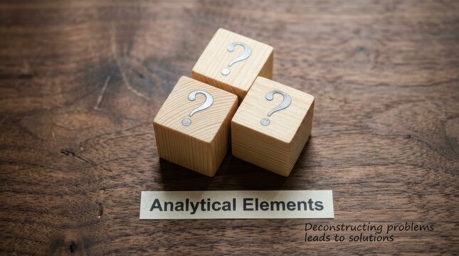 Three Wooden Blocks with Question Marks and 'Analytical Elements' Label Representing Uncertainty and Problem Solving