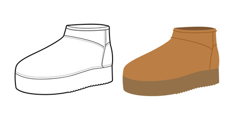 Camel platform winter boot women color plus line set. Chunky sole short fleece boot for fashion guide page. Technical fashion illustration CAD mockup mixed vector man unisex isolated trendy style. © Vectoressa