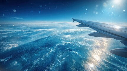 Fototapeta premium Wing of an Airplane Above the Ocean With Sunlight Reflecting on the Water and a Clear Sky Showing Wave Patterns and Distant Horizon Haze