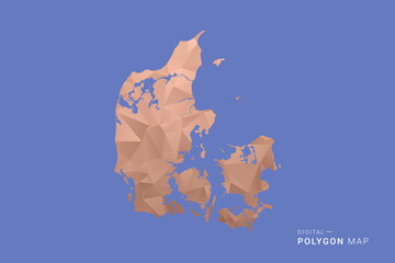 Denmark Map - Orange Polygon Vector Illustration on Deep Blue Background, Low Poly Geometric Design, Modern Abstract Country Silhouette for Infographics and Presentation Use. © Whatever