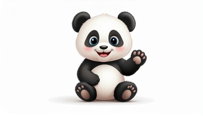 Fototapeta premium Cute cartoon panda waving hello, a friendly and adorable illustration of a baby panda with big eyes, perfect for children's themes and playful designs
