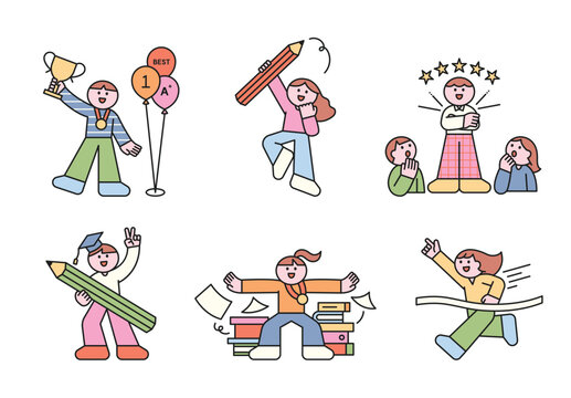 Students with good grades are posing happily while holding various items. Cute character with a round face, featuring a design and geometric shape.