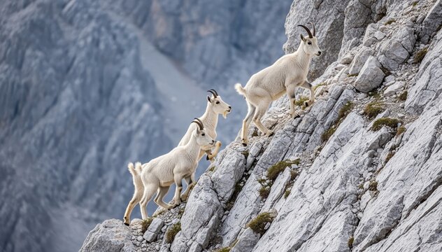 Alpine Ibex Ascent: A family of agile alpine ibex fearlessly navigates the rugged terrain of a mountain slope, their surefootedness and graceful movements showcasing nature's resilience.