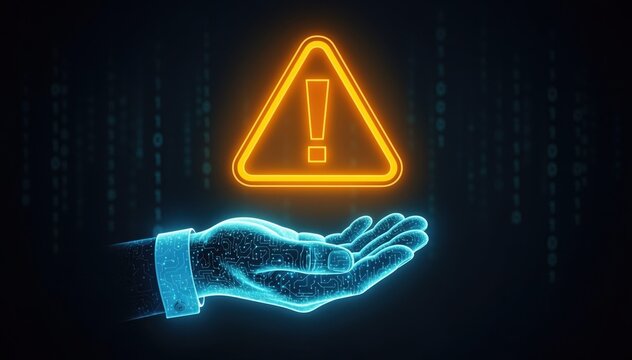 Warning Symbol in Hand: A digitally rendered hand cradles a glowing orange warning sign, symbolizing caution and awareness of potential risks within a virtual realm.