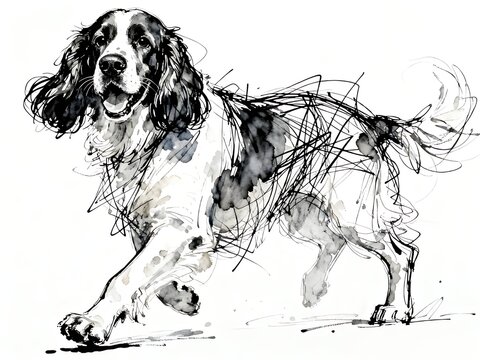 Minimalist abstract sketch series : happy Clumber Spaniel dog, isolated studio portrait of a canine pet in pure white background 005