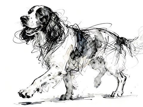 Minimalist abstract sketch series : happy Clumber Spaniel dog, isolated studio portrait of a canine pet in pure white background 006