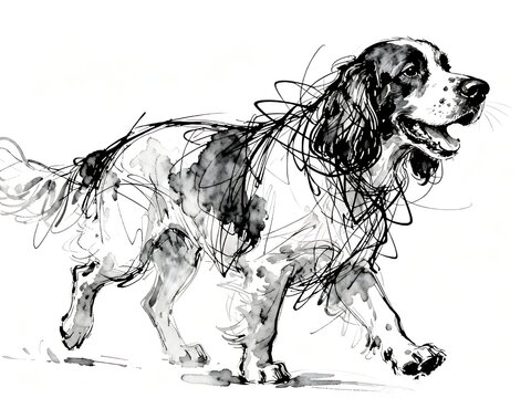 Minimalist abstract sketch series : happy Clumber Spaniel dog, isolated studio portrait of a canine pet in pure white background 007