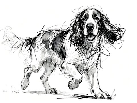 Minimalist abstract sketch series : happy Clumber Spaniel dog, isolated studio portrait of a canine pet in pure white background 008