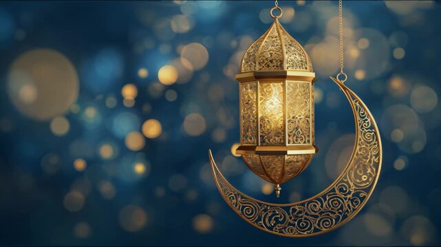 Ramadan Kareem background banner. Islamic Greeting Cards for Muslim Holidays and Ramadan. Blue banner with moon and lantern.
