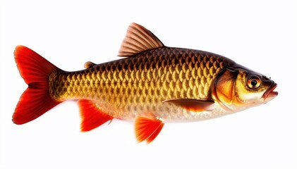 Fototapeta premium Golden Fish on Display: A vibrant, golden fish showcases its stunning form against a plain backdrop, revealing a captivating pattern of scales and fins.