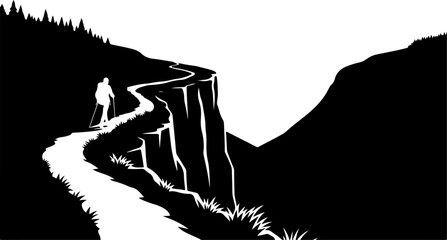 Obraz premium Vector illustration of a hiker on a cliffside path