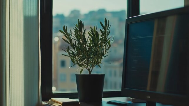 Small olive tree in a dark pot on a windowsill.