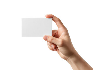 Obraz premium A hand holding a blank white business card isolated on transparent background