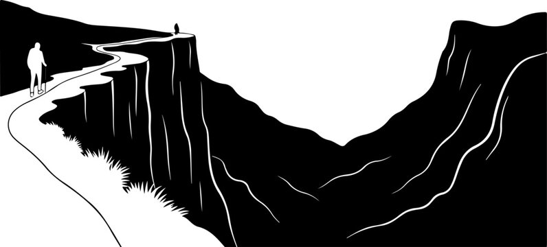 Vector illustration of a person standing on a cliff edge in black and white