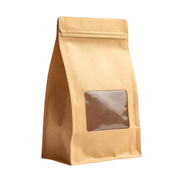 Brown kraft paper stand-up pouch with clear window for coffee or tea isolated on transparent background
