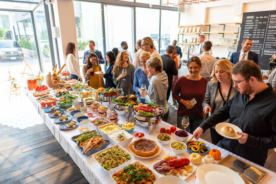 Vibrant buffet gathering with diverse cuisine