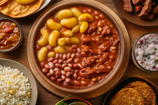 Large wooden bowl contains chili with potatoes, beans, and meat