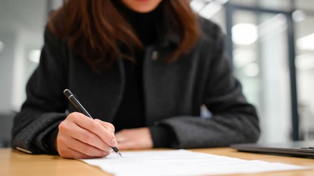 Woman in black coat fill out the cremation authorization form at desk in blurred office
