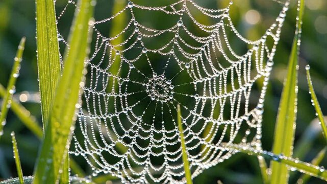 Dew Drops on a Spiderweb in Morning Grass
