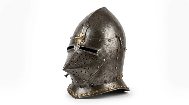 An antique medieval great helm, a full face helmet with visor and gorget, displayed in a studio with a clean white background.