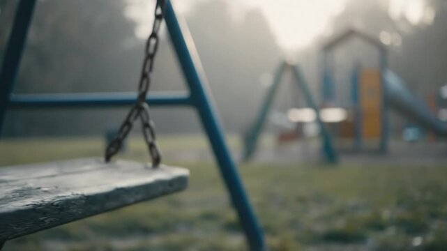 Empty Swing Seat In A Misty Morning Playground
