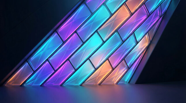 Futuristic glowing neon glass panels wall background for modern interior design 4k , Generative AI.