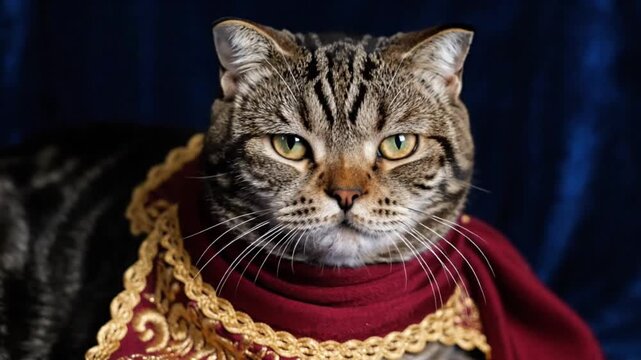Regal tabby cat portrait in a majestic red and gold cape with green eyes