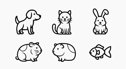 Fototapeta premium Diverse set of adorable pet animal illustrations in black line art style, perfect for animal-themed designs