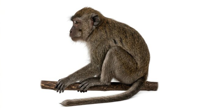 A curious long-tailed macaque monkey sits calmly on a wooden perch against a clean white background, captured in a studio shot with natural lighting.