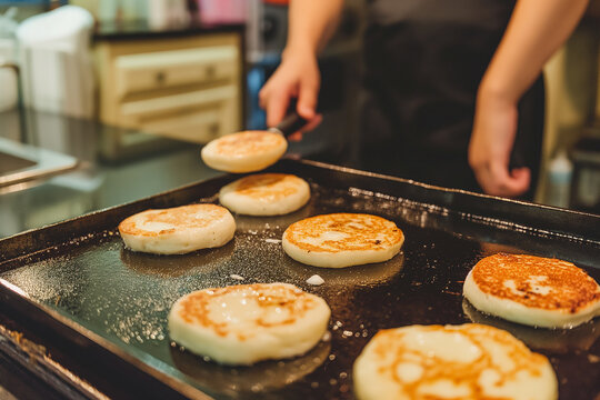 Cook flips pancakes on a griddle