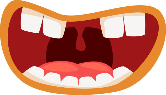 Cartoon mouth with missing teeth and wide open expression.
