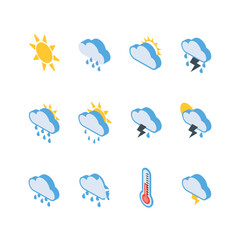 Obraz premium Weather forecast icons with sun clouds rain lightning and thermometer.